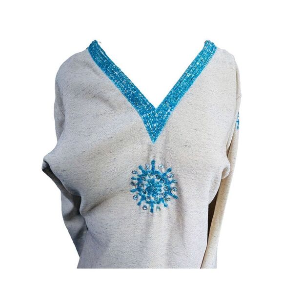 NEW MASHAL Pakistan Cream Linen Tunic Dress Short Turquoise 3/4 Sleeve Womens M - Picture 4 of 9